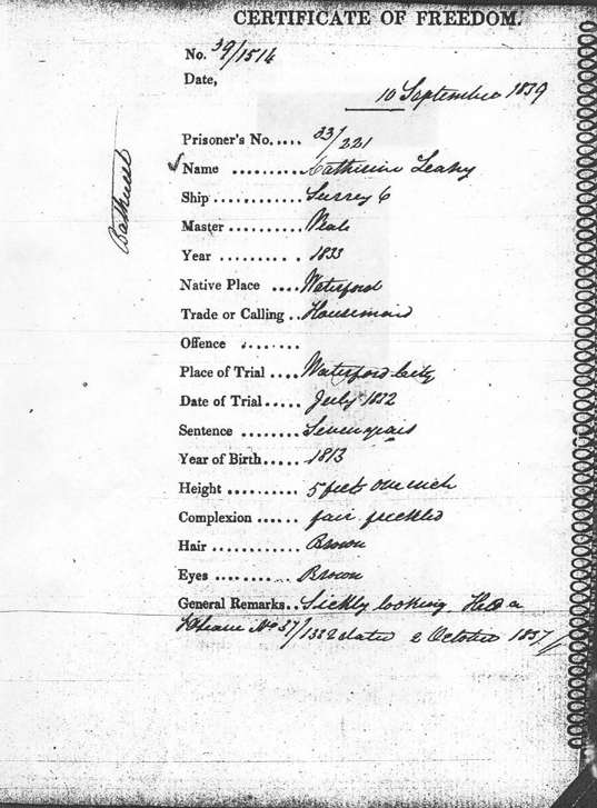 Catherine Leahy's Certificate of Freedom. Source: State Records NSW.